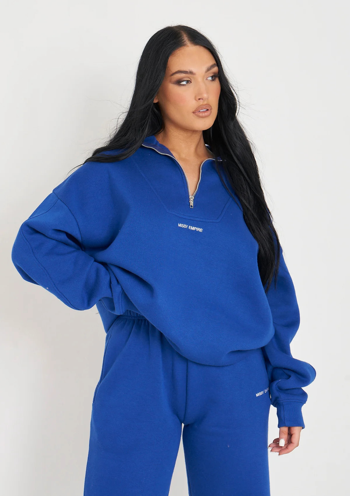 Rivka Cobalt Embroidered Half Zip Oversized Sweatshirt | Women's Loungerwear | MissyEmpire | Miss... | Missy Empire (UK)
