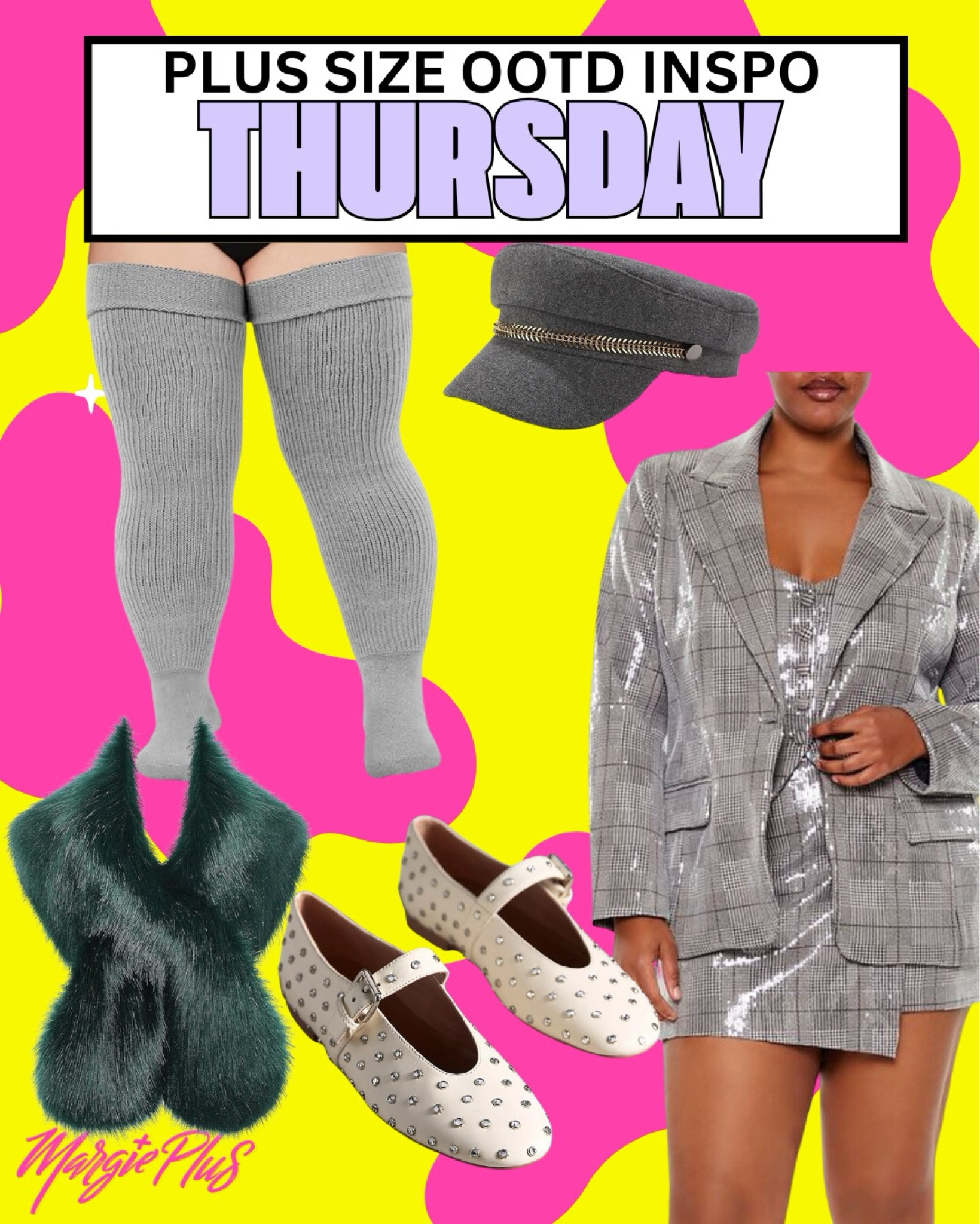 THURSDAY Plus Size Outfit Inspiration obsessed with this dress and blazer set with sequin details mixed with a classic baker boy hat, thigh highs, and rhinestone balet flats perfect from day to night!  

#LTKStyleTip #LTKHoliday #LTKPlusSize