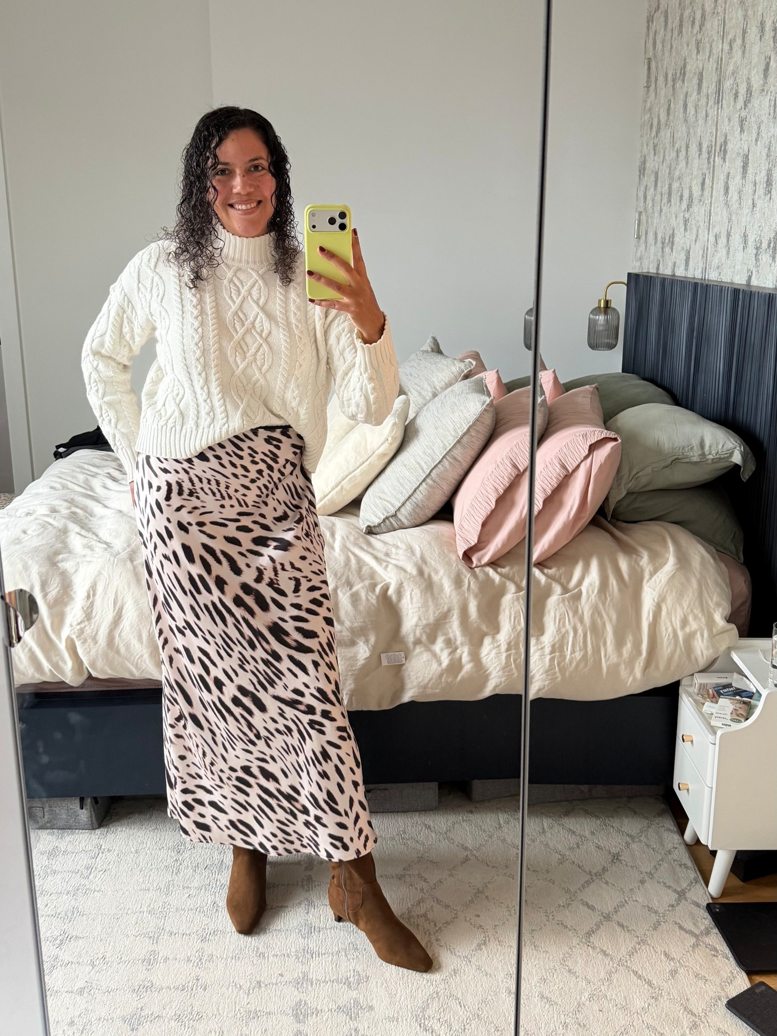 Date night look for chillier nights! Loving winter white paired with a cream base skirt. 
White Cableknit Turtleneck Sweater by Michael Stars (size L, TTS) 
Leopard print satin maxi skirt by Sanctuary (size XL, runs small) 
Brown suede kitten heel boots by Gap (size 10, TTS) 

#LTKootd #LTKTall #LTKMidsize
