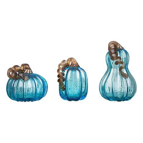 Glitzhome Set of 3 Blue Glass Pumpkin - 20648884 | HSN | HSN