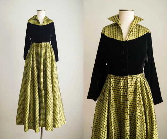 vintage 1940s dress / 40s silk velvet chartreuse dressing gown / xs / Auntie Zelda Dress | Etsy (US)