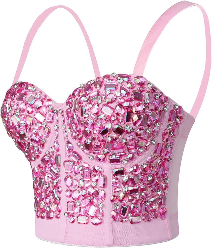 Women's Rhinestone Sparkle Gemstone Push Up Bustier Crop Top Sexy Mesh Breath Party Corset Bra | Amazon (US)