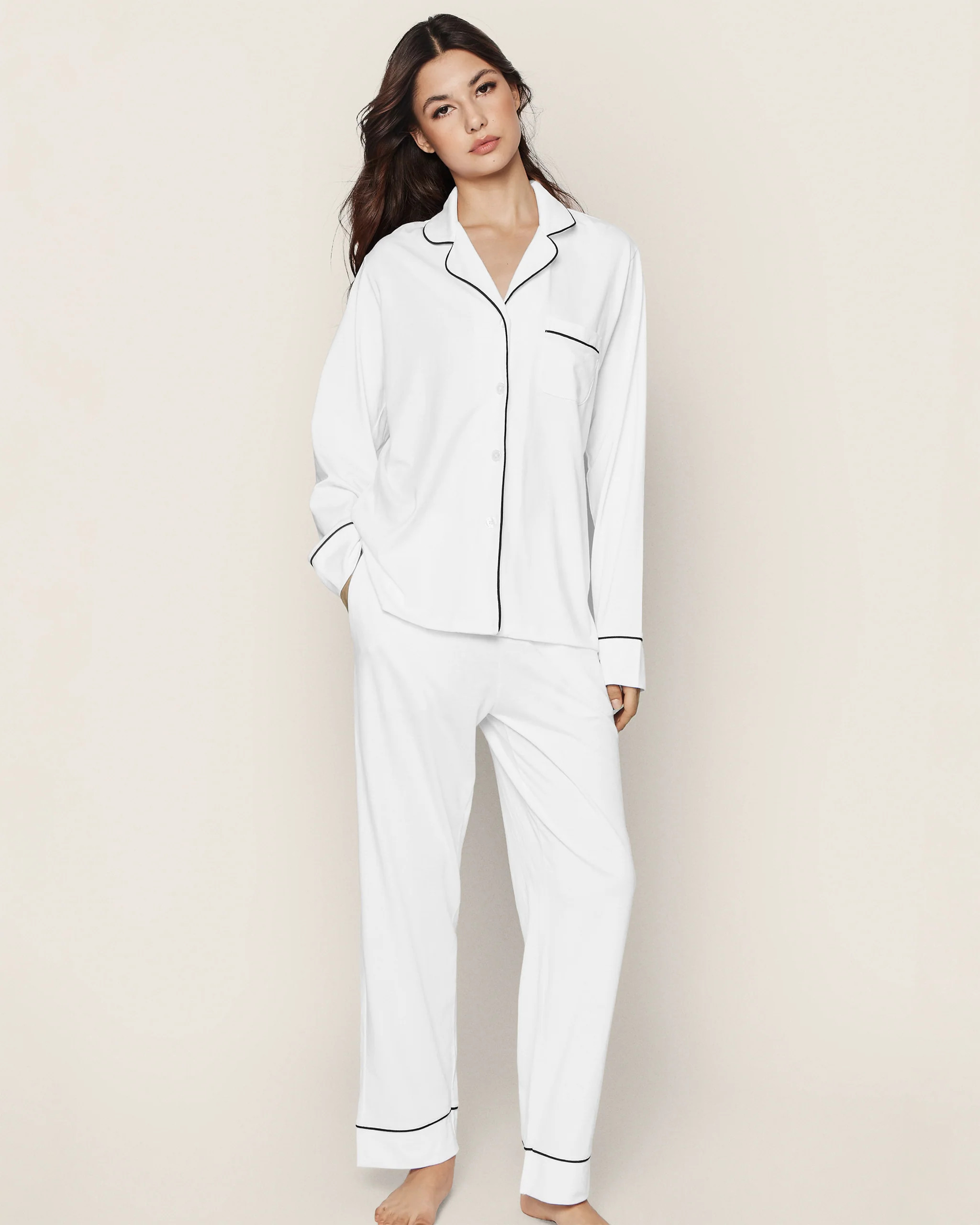Greek Embroidered Women's Pima Pajama Set in White with Navy Piping | Petite Plume