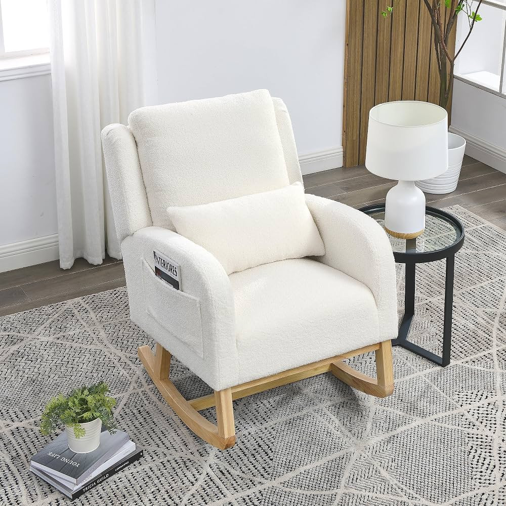 LLS Relaxing White Rocking Chair | Teddy Fabric | Wingback, Armrest, Built-in 2 Side Pockets | Nu... | Amazon (US)
