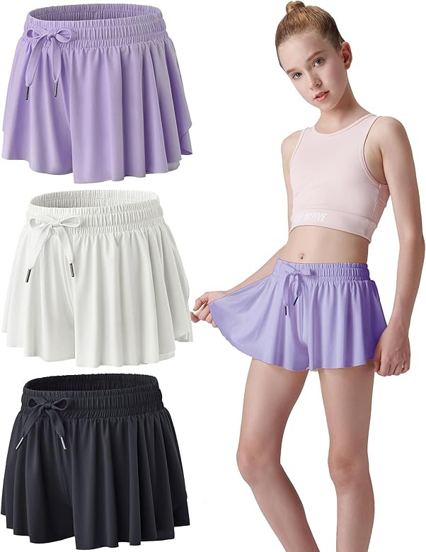 3 Pack Girls Flowy Shorts with Spandex Liner 2-in-1 Youth Butterfly Skirts for Fitness, Running, ... | Amazon (US)