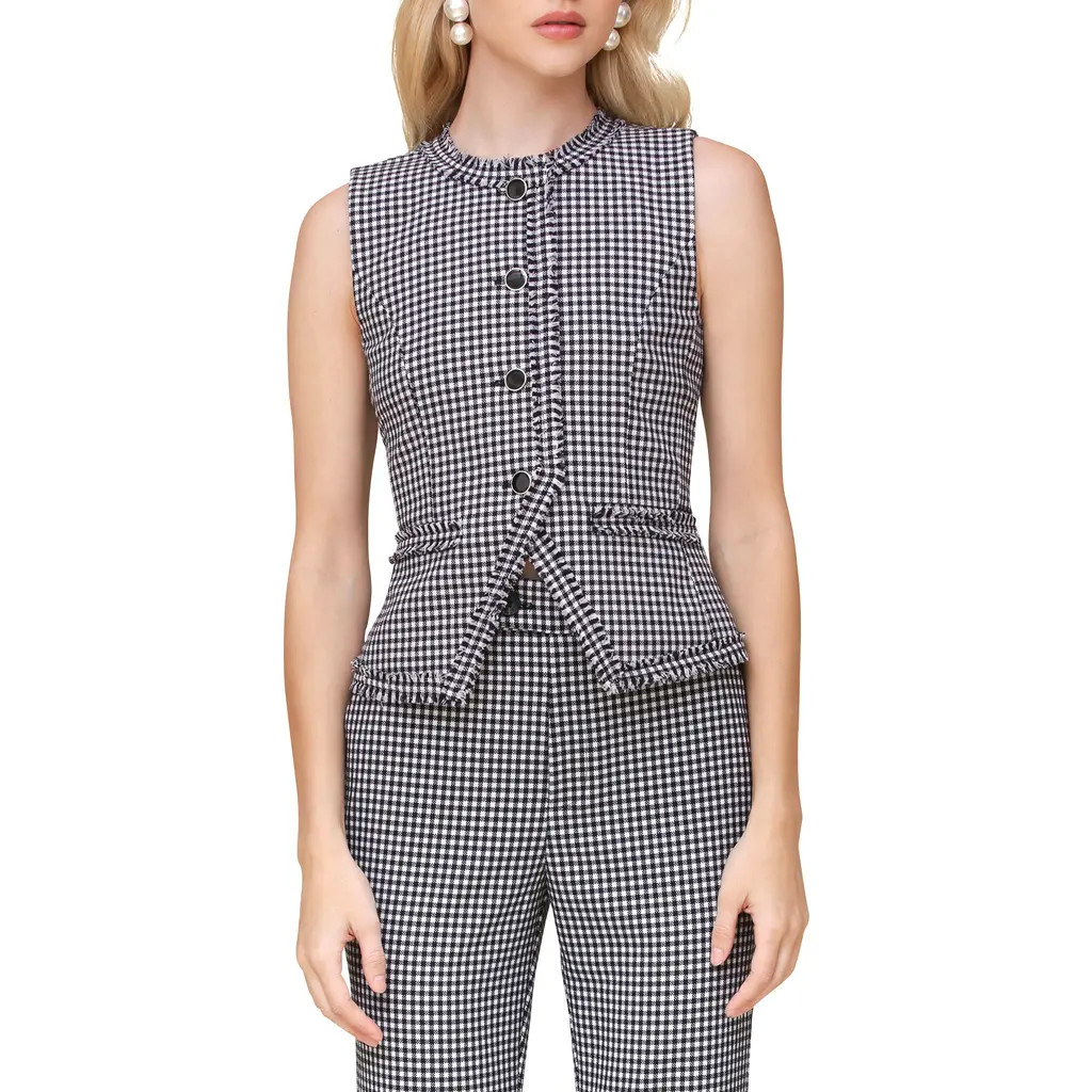 Avec Les Filles Gingham Fringe Vest in Dark Navy White at Nordstrom, Size X-Small | Nordstrom