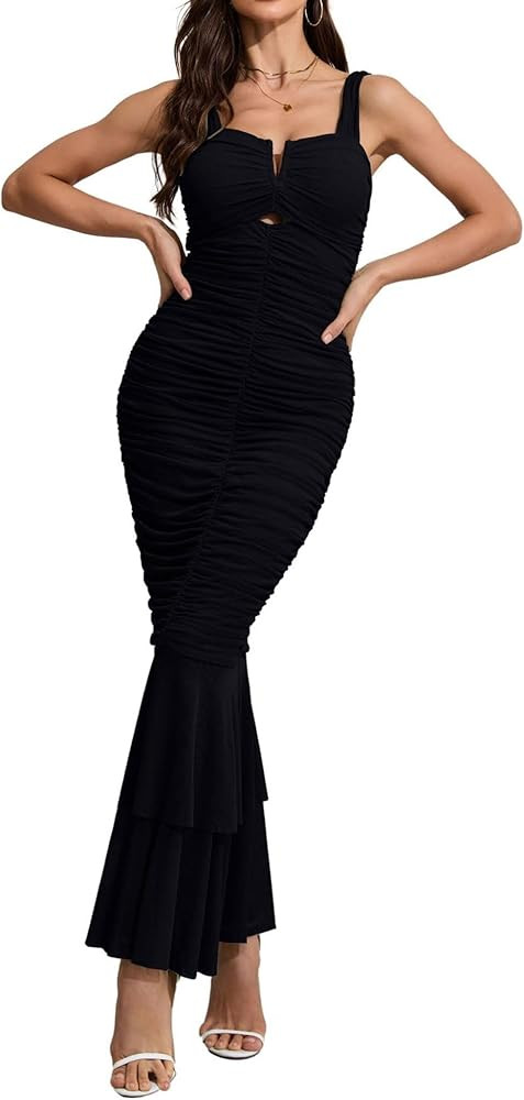 CHARTOU Women's Sleeveless Strappy Prom Party Evening Ruched Bodycon Mermaid Fishtail Maxi Dress | Amazon (US)