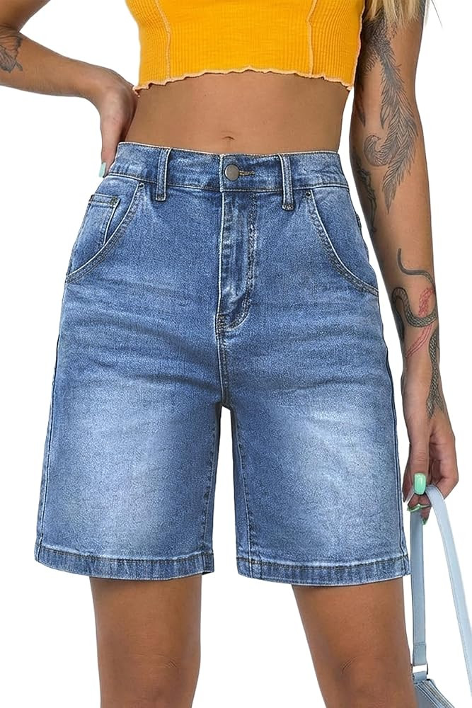 ELLEVEN Women’s Jean Bermuda Shorts Baggy Jorts, High-Waisted Knee-Length Denim Shorts with Poc... | Amazon (US)