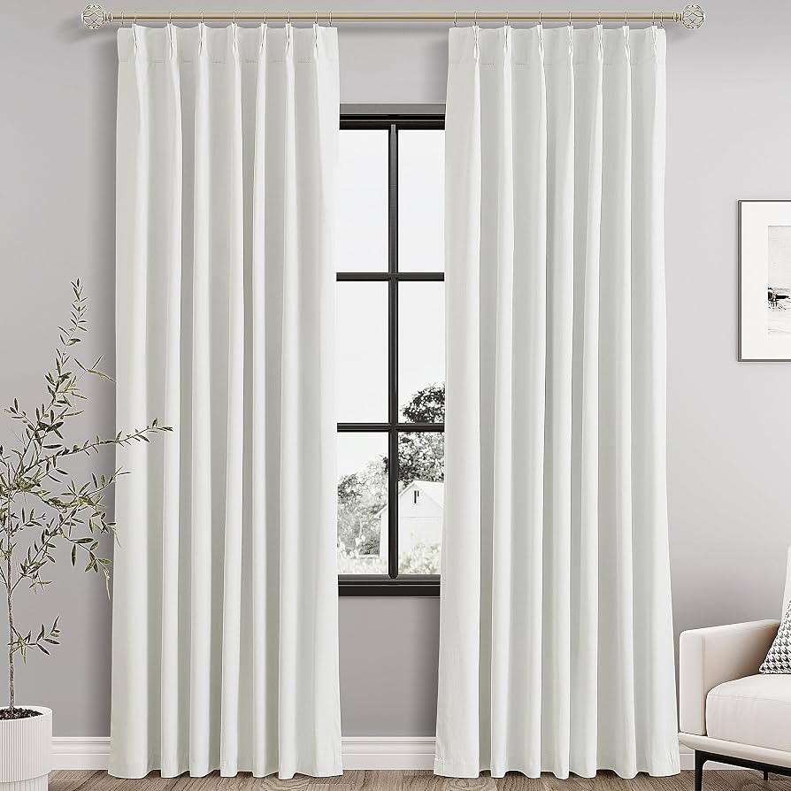 Ivory Pinch Pleated Linen Blackout Curtains 84 Inches Long for Living Room 2 Panel Set 100% Black... | Amazon (US)