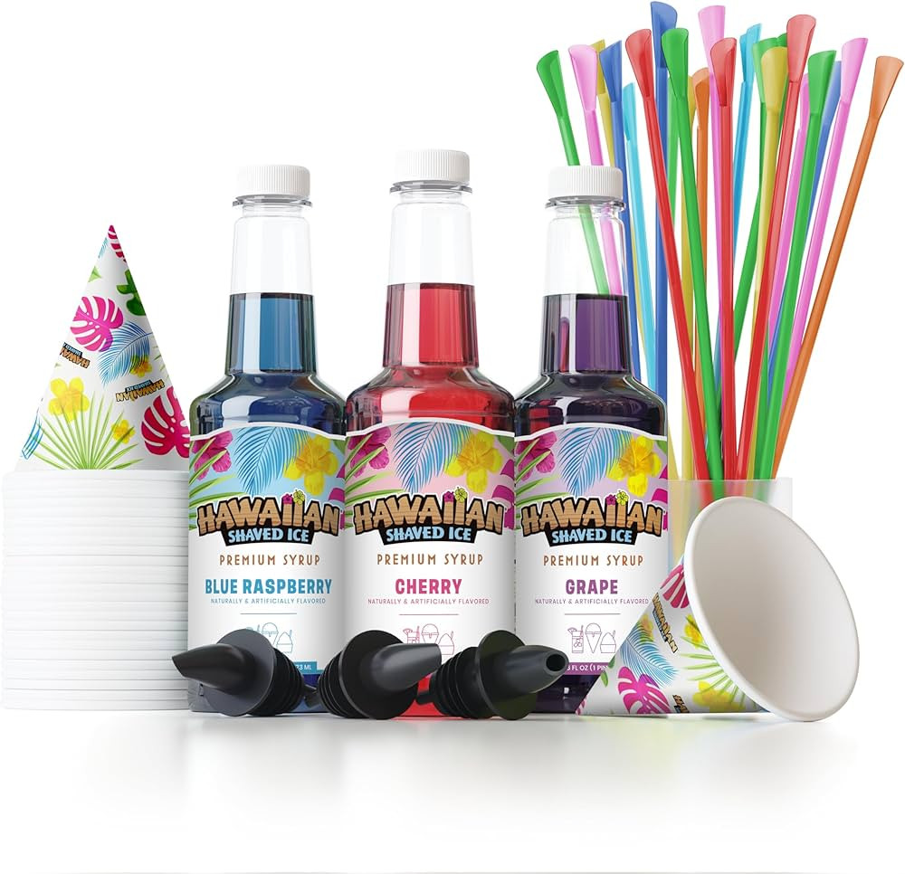 Hawaiian Shaved Ice Syrup Assortment with 3 - 16oz Bottles, 25 Snow Cone Cups, 25 Spoon Straws, a... | Amazon (US)