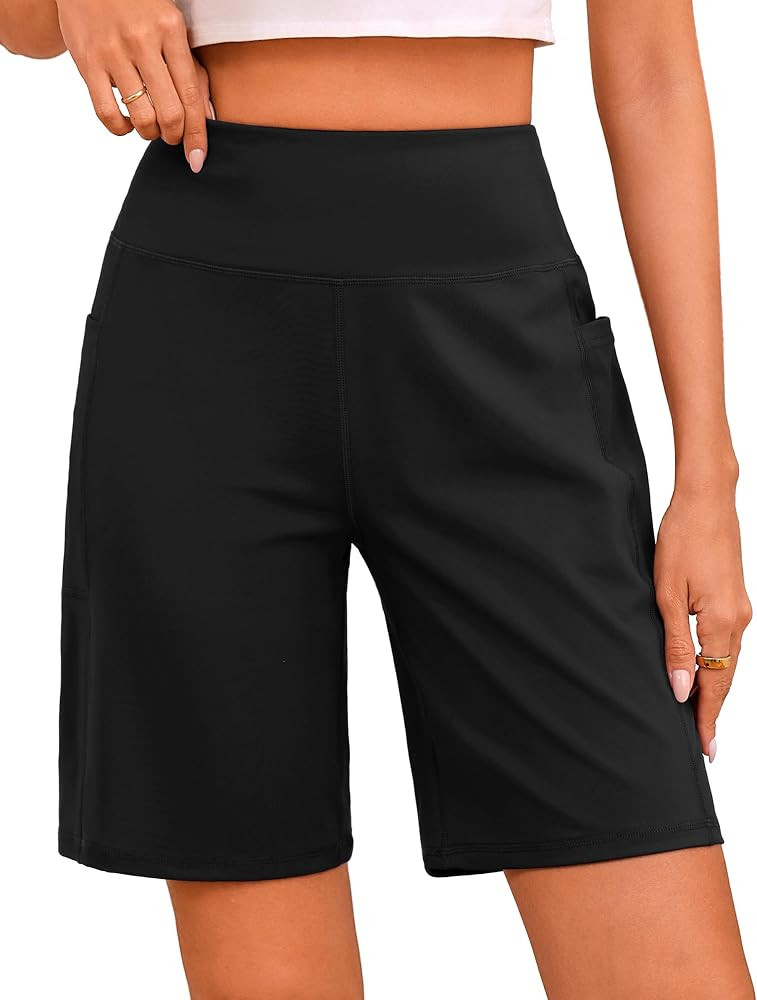 Quenteen 9" Bermuda Shorts High Waisted Knee Length Shorts for Women Casual Athletic Yoga Gym Lon... | Amazon (US)