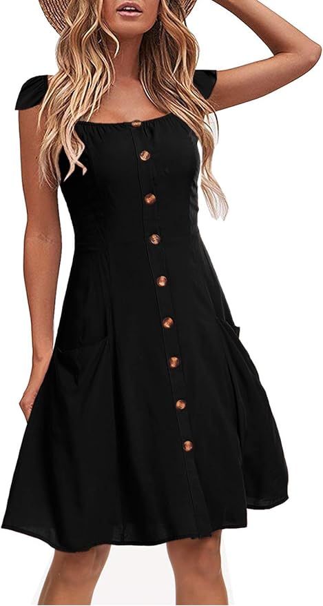Alice and Elmer Women's Casual Beach Summer Dress Pocket Button Down Spaghetti Strap Black Sundre... | Amazon (CA)