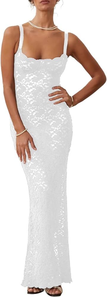 Women’s Cocktail Dress Sexy Lace Hollow Out Transparent Sleeveless Spaghetti Straps Slim Fit Ma... | Amazon (US)