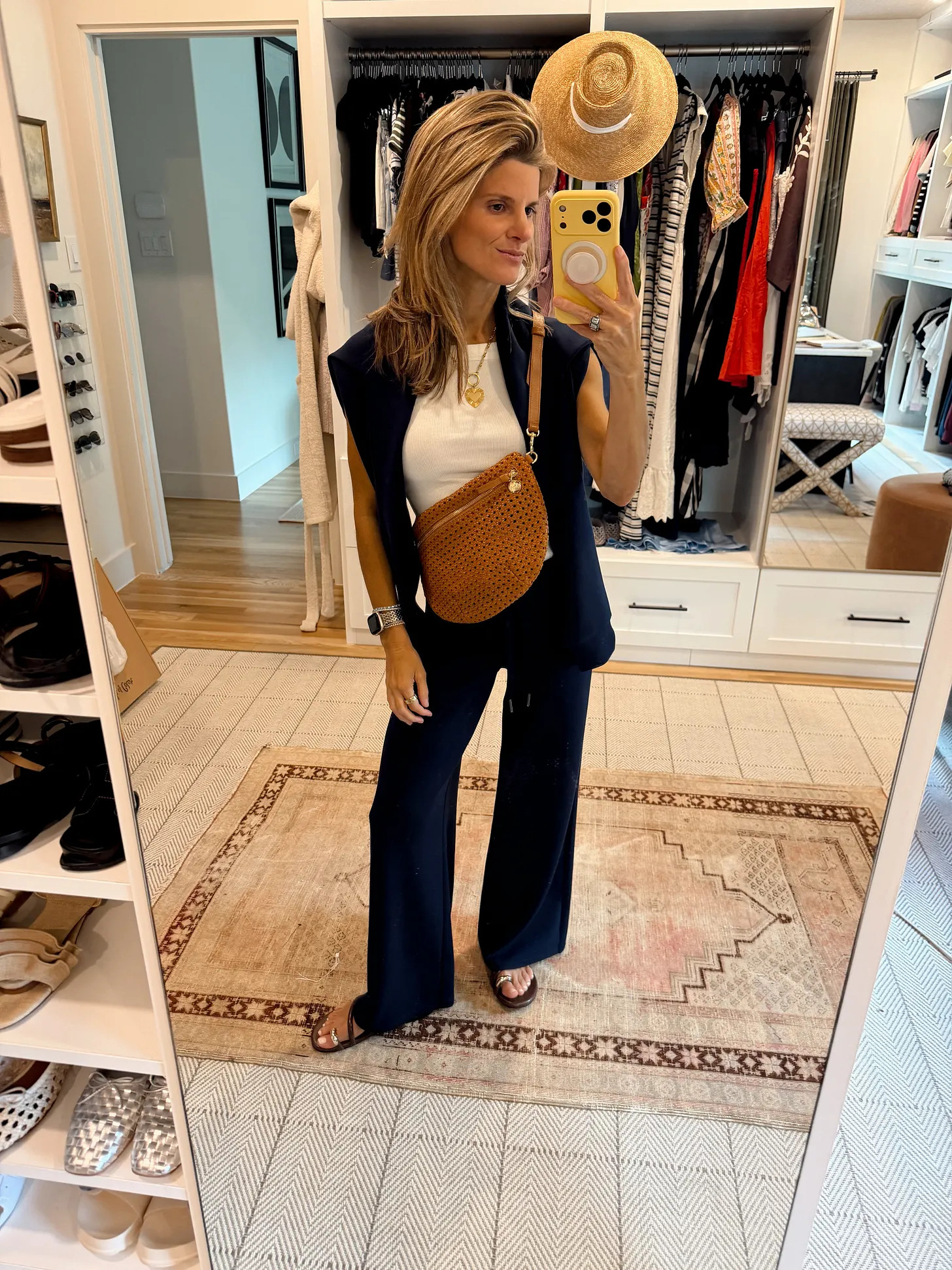 Travel look - Spanx AirEssentials set in navy blue (wearing PXS in pants and XS in pullover). Wearing amazon tank and sandals 

 