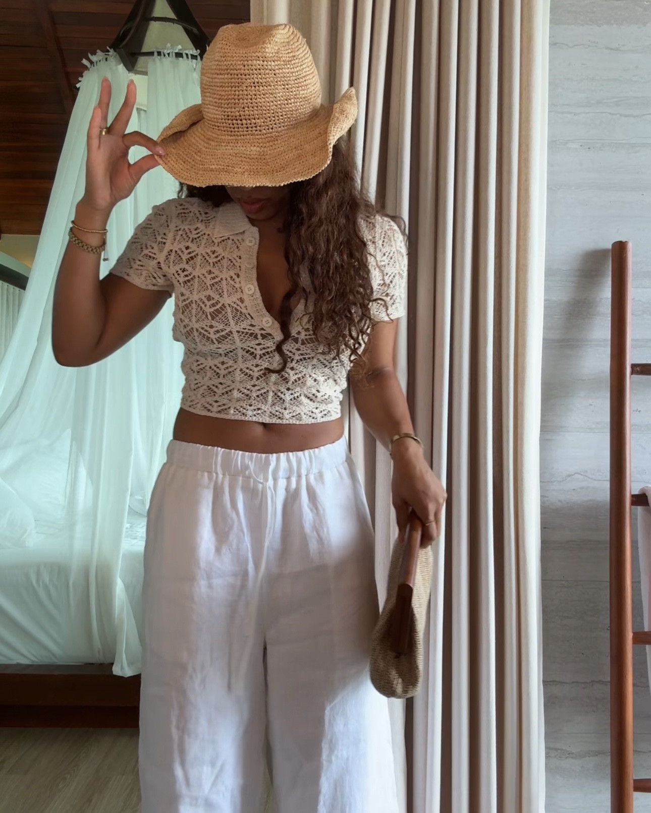 Hat is Monday Swimwear 
Top Zara Ecru | 4813/816
Pants Dissh
Purse Express (very old) 
Nippies to cover my kipples and bits 