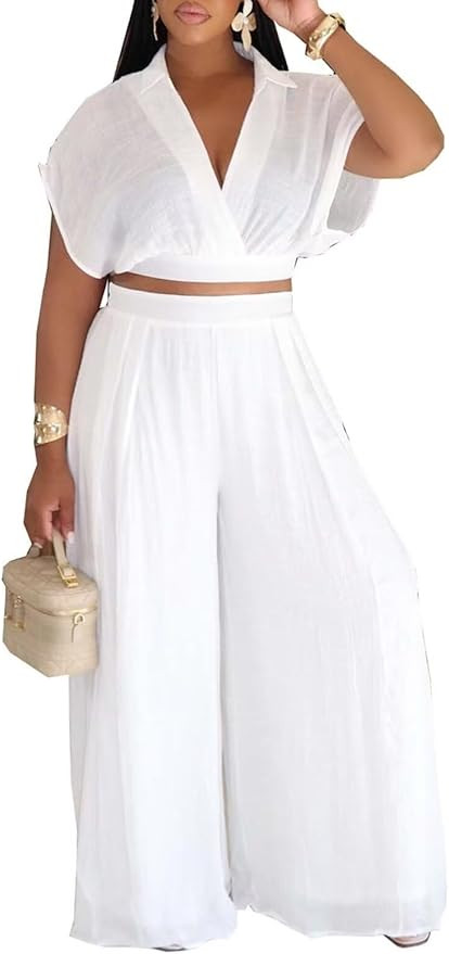 KEYUFANG Women's Summer 2 Piece Outfits Wrap V Neck Crop Top and Wide Leg Pants Sets Casual Vacat... | Amazon (US)