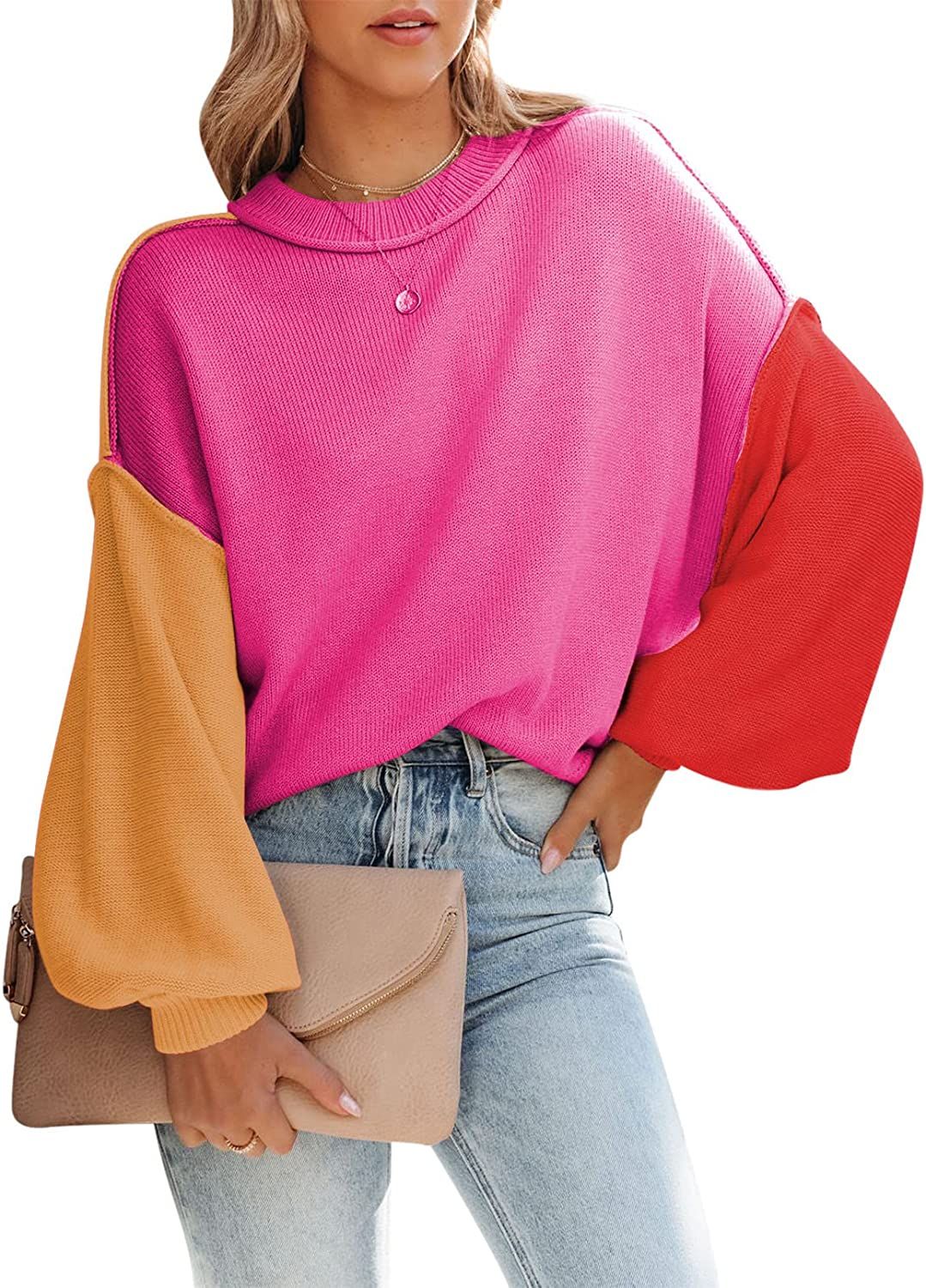 HAPCOPE Women's Oversized Sweater Crewneck Batwing Sleeve Side Slit Ribbed Knit Pullover Sweaters Tu | Amazon (US)