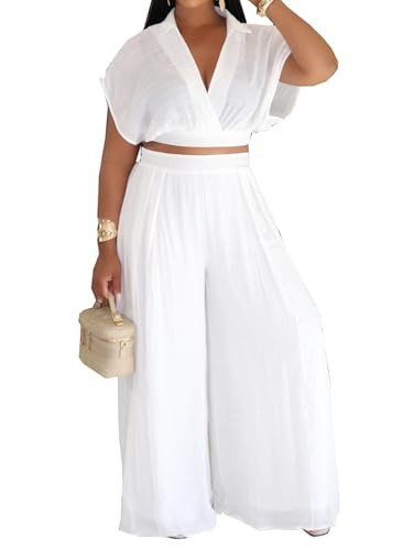 XYZDRESSOR Women's Casual Linen 2 Piece Outfits Wrap V Neck Crop Top and Wide Leg Pants Sets Vacation Summer Club Outfits White S | Amazon (US)