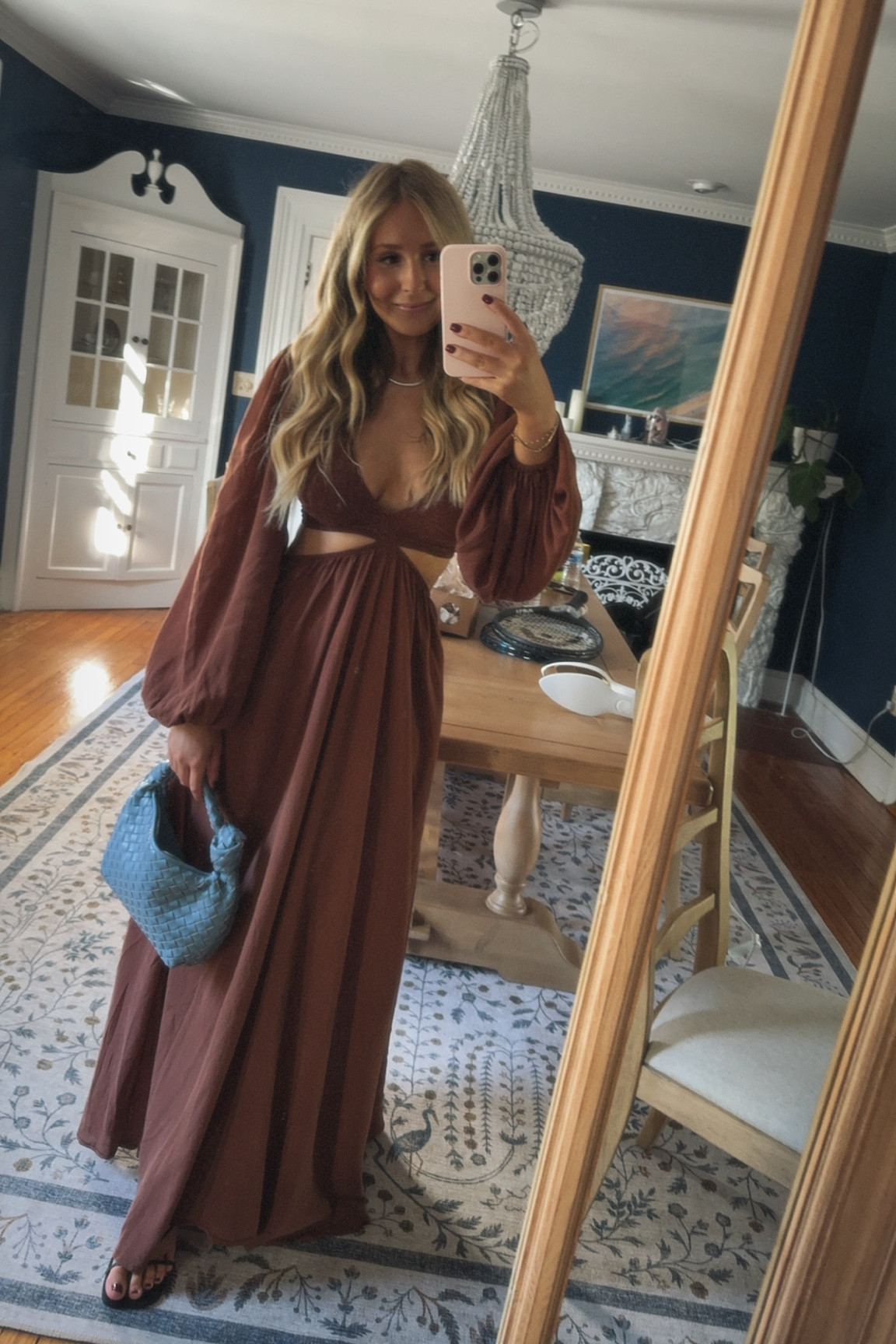 perfect wedding guest dress 🤎 

cut out dress | maxi dress | brown and blue | light blue mini bag | bottega venetta bag dupe | target style | target bag | brown dress | wedding style | wine tasting dress | tennis necklace dupe | fall wedding dress 

#LTKFindsUnder100 #LTKStyleTip #LTKWedding