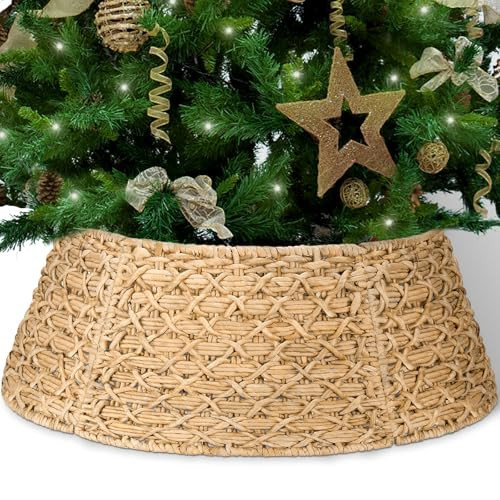Woven Wicker Hyacinth Christmas Tree Collar,28'' Rattan Christmas Tree Basket Base Cover,5 Pieces Rustic Farmhouse Tree Skirt Collar for 7.5 ft 9ft 12ft Tree,Fit Below 26'' Stands | Amazon (US)