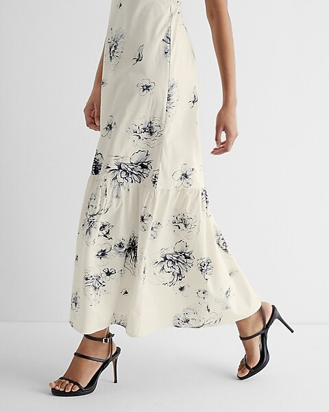 Floral Print Square Neck Tiered Poplin Maxi Dress | Express