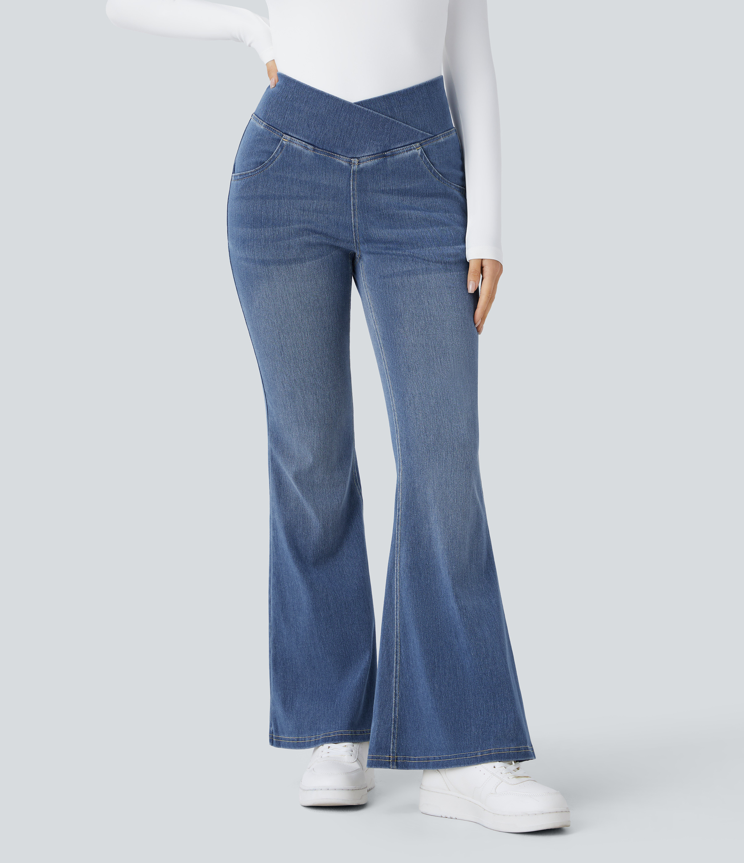 Halara Halara Flex™ High Waisted Crossover Pocket Washed Casual Flare Jeans  - Mayan Blue Denim - XS(regular) | HALARA