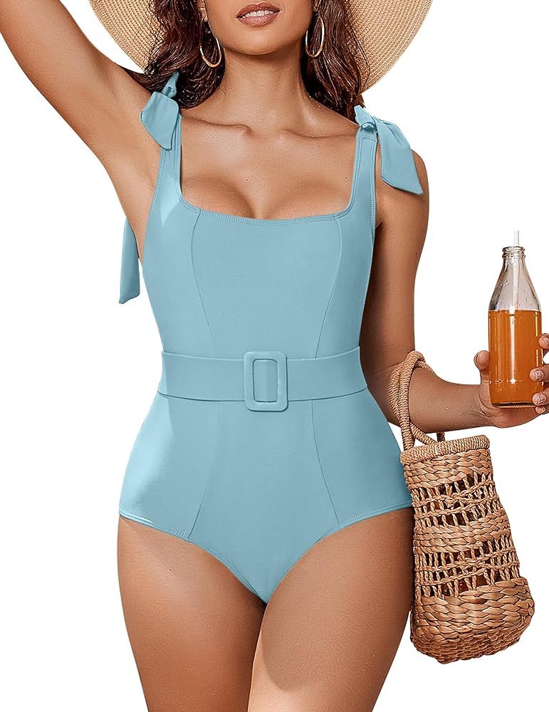 AI'MAGE Womens U Neck One Piece Swimsuit Tie Shoulder Tummy Control Bathing Suits with Belt | Amazon (US)