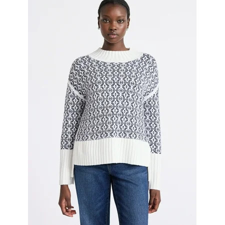 Free Assembly Women's Patterned Mock Neck Sweater with Tall Cuffs, Midweight, Sizes XS-XXL | Walmart (US)