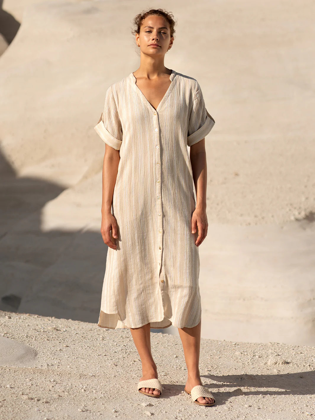 Athena Cotton Dress Sand Stripe | Nomad the Label