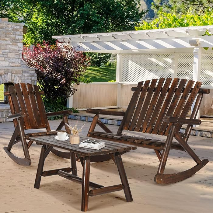 HOMEDIARY 3-Piece Outdoor Wood Rocking Bistro Set, Adirondack Rocker Chair Set with Rocking Bench... | Amazon (US)