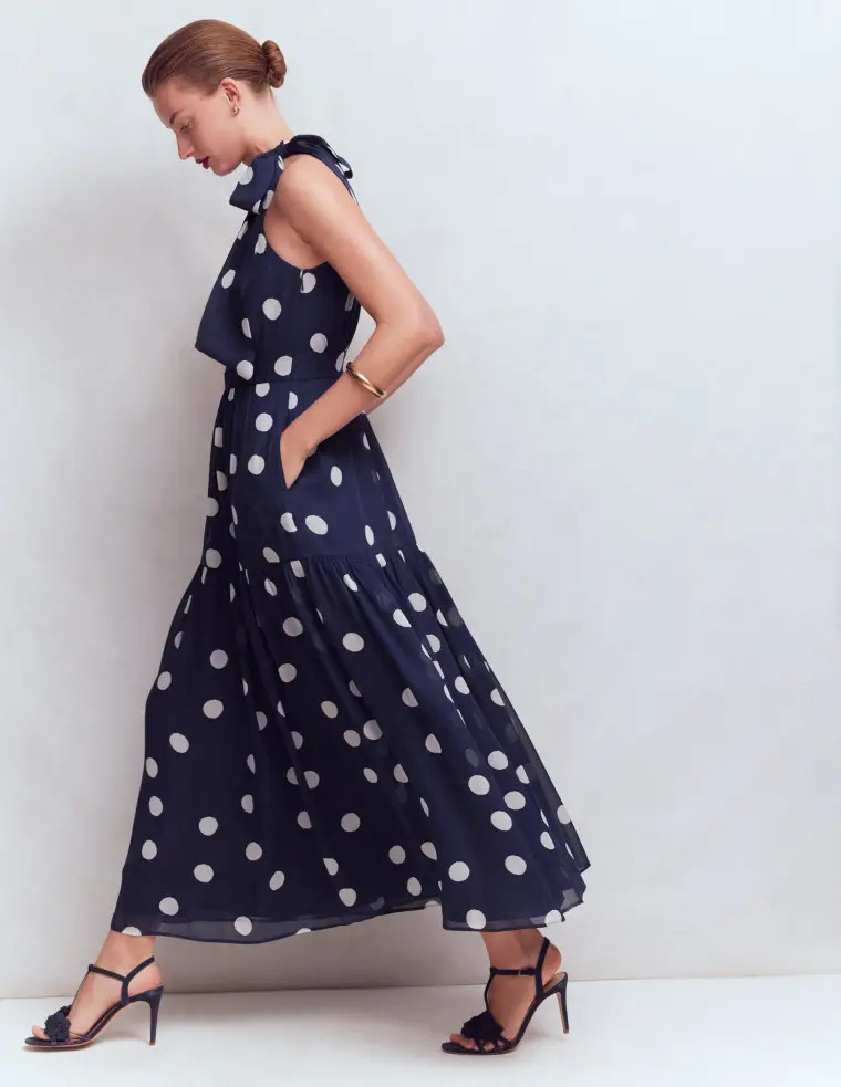 Roisin Tie Neck Maxi Dress-Navy Painted Dot Spaced | Boden UK
