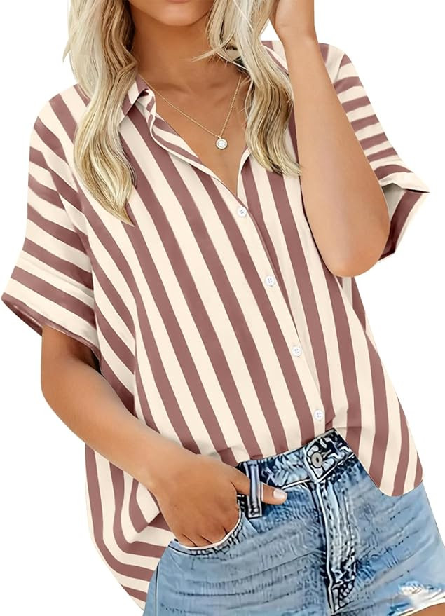 Summer Tops for Women Striped Button Down Shirts Collar Guaze Shirt Trendy Vacation Work Linen Bl... | Amazon (US)