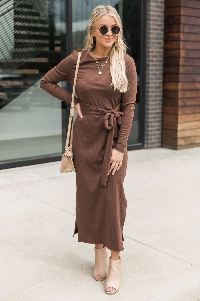 How've You Been Brown Ribbed Midi Dress | The Pink Lily Boutique