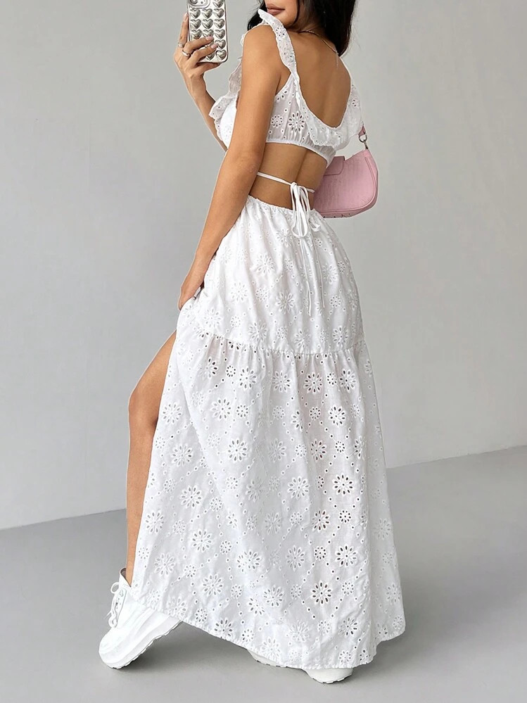 SHEIN EZwear Sexy Solid Color Hollow-Out Embroidered Backless High Slit Dress, Summer | SHEIN