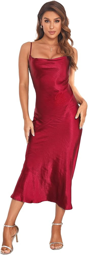 Women's Spaghetti Strap Midi Satin Silk Dresses Slip Cowl Neck Party Cocktail Evening Sexy Dress | Amazon (US)