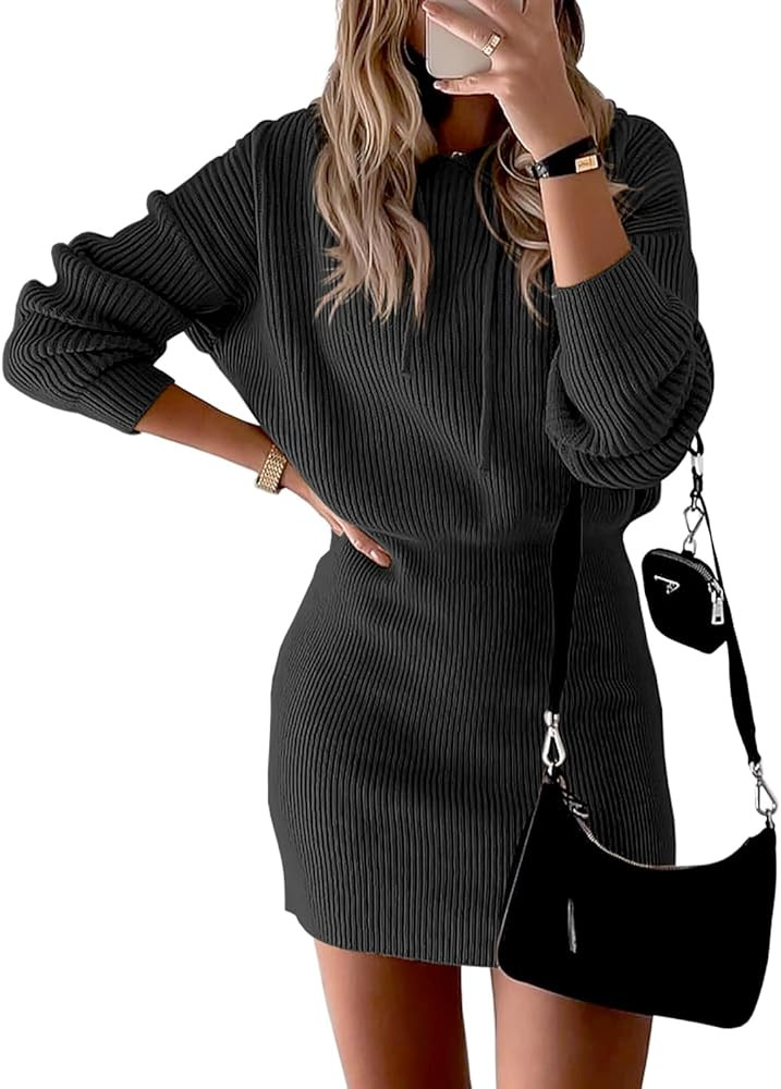 ANRABESS Women's Winter Rib Knit Pullover Sweater 2022 Fashion Fall Dresses Long Sleeve Hooded Bodyc | Amazon (US)
