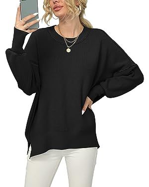 ANRABESS Women Crewneck Batwing Sleeve 2023 Fall Oversized Side Slit Ribbed Knit Pullover Sweater... | Amazon (US)