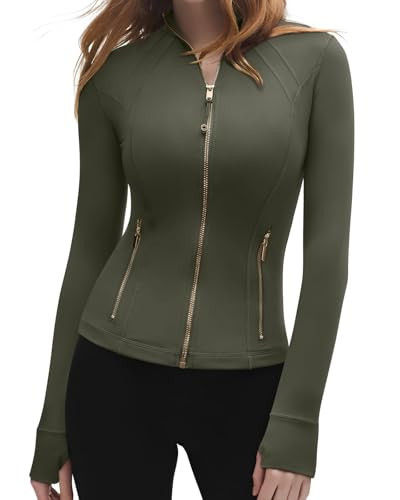 SUUKSESS Women Golden Full Zip Up Workout Cropped Jackets Lightweight Slim Fit Athletic Yoga Tops with Thumb Holes (Dark Green, S) | Amazon (US)