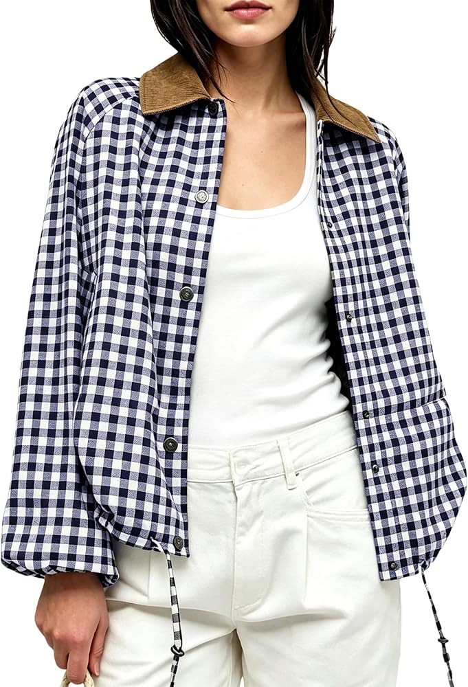 Womens Gingham Plaid Cropped Jacket Contrast Collar Drawstring Hem | Amazon (US)