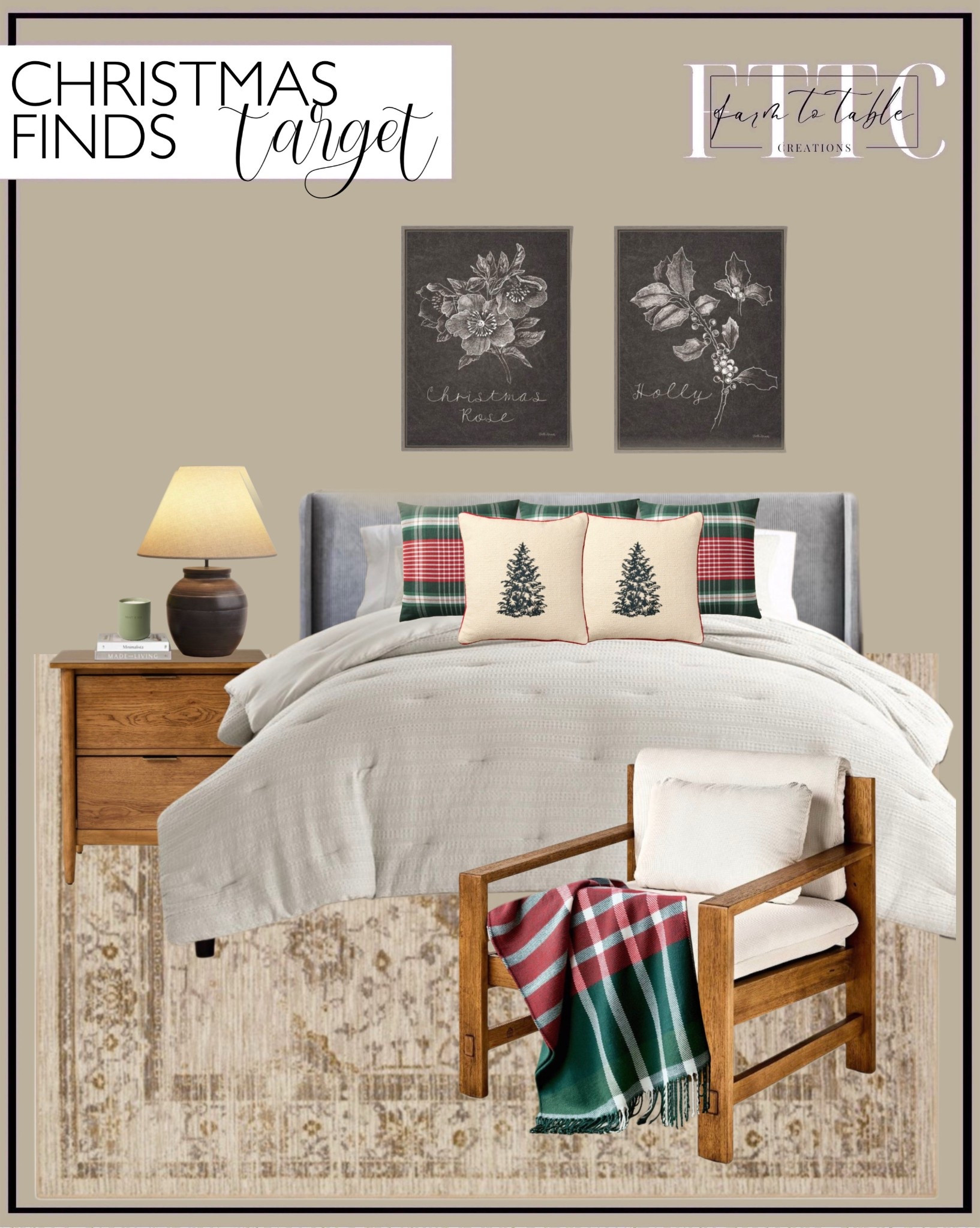 Target Christmas Bedroom Finds 🎄
Follow @farmtotablecreations on Instagram for more cozy seasonal styling ideas.

Bring subtle holiday charm into your bedroom with these beautiful Target finds. The plaid and tree pillow combo adds just the right amount of festive texture without feeling overdone, while the warm wood tones, cozy throw, and soft neutral bedding keep everything balanced and timeless. Perfect for layering holiday touches that still feel calm and collected.

#targetfinds #targetchristmas #christmasdecor #holidaybedding #christmasbedroom #targetstyle #neutralchristmasdecor #cozyhome #christmaspillows #holidayhome #bedroomdecor #holidaystyle #targethome #farmtotablecreations #christmasaesthetic

#LTKHome #LTKFindsUnder50 #LTKSaleAlert