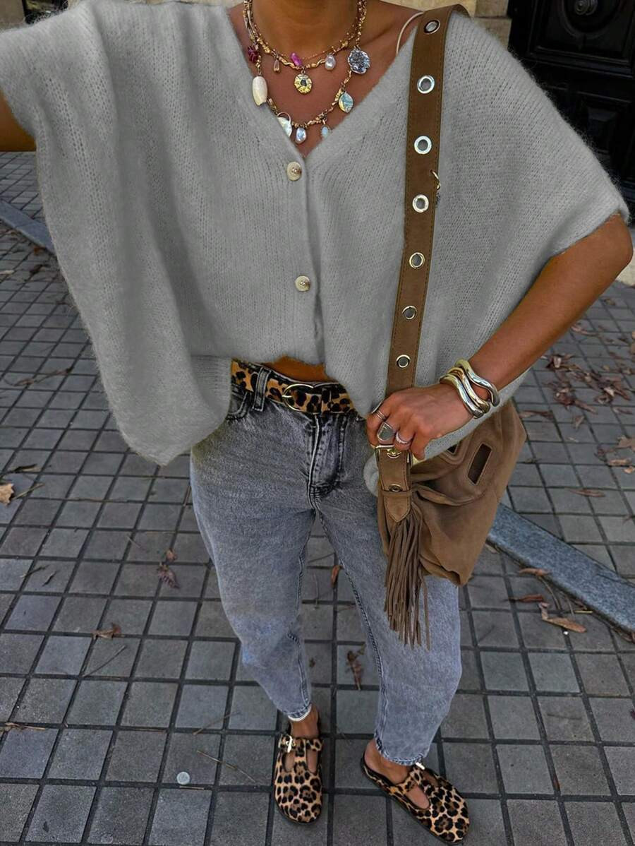 Spring And Summer New Grey V-Neck Button Short Sleeved Ultra Loose Knitted Cardigan For Women Top... | SHEIN