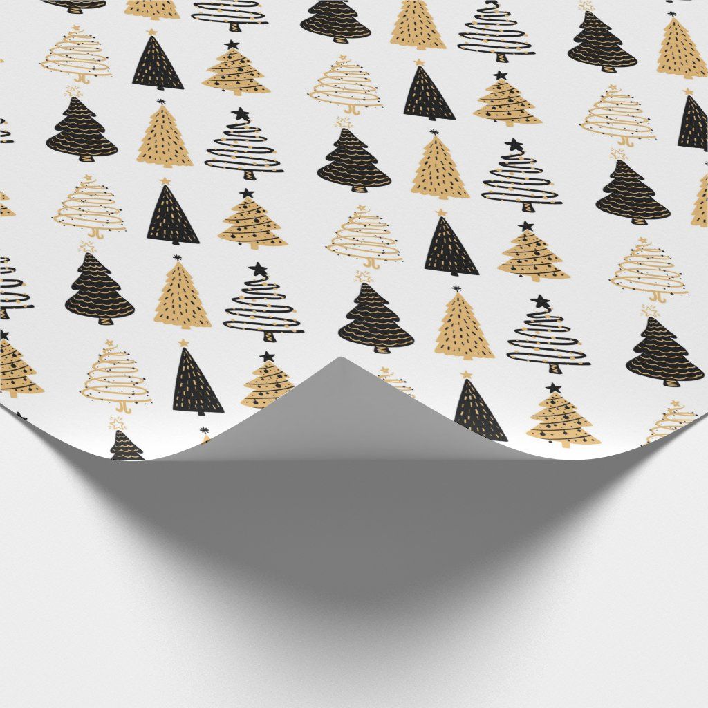 Black, White and Gold Whimsical Christmas Trees Wrapping Paper | Zazzle