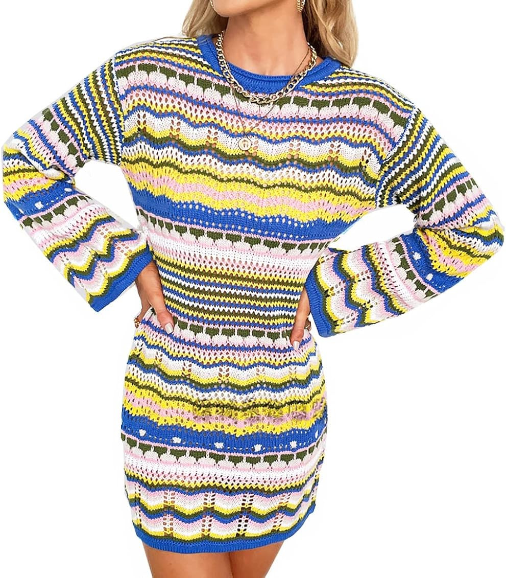 Rainbow Striped Long Sleeve Loose Crochet Striped Hollow Out Mini Casual Sweater Dress Women Sweater | Amazon (US)