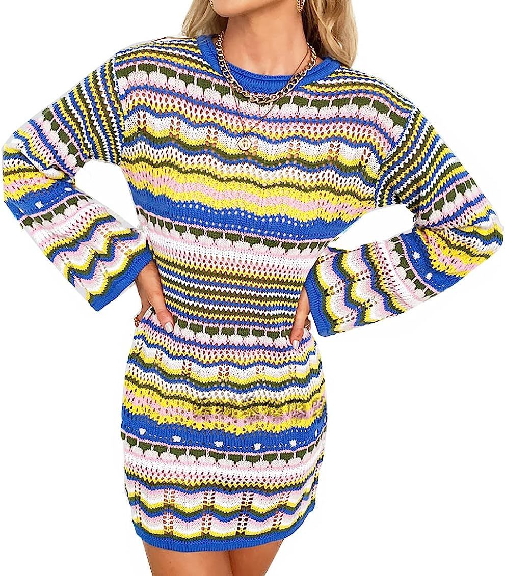 Rainbow Striped Long Sleeve Loose Crochet Striped Hollow Out Mini Casual Sweater Dress Women Sweater | Amazon (US)