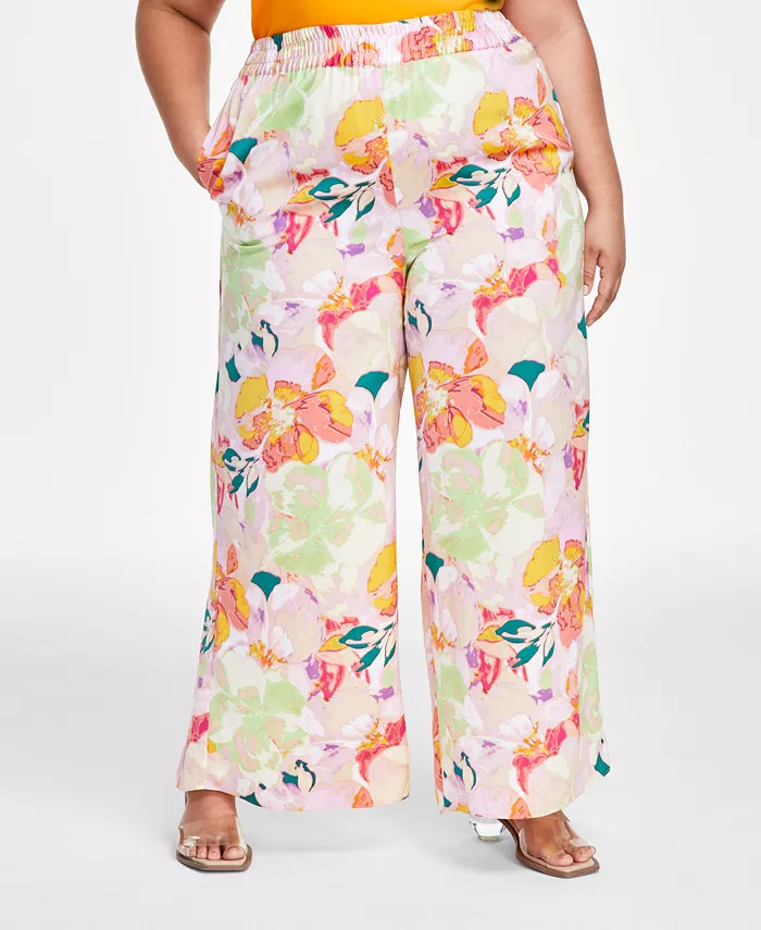 Bar III Trendy Plus Size Printed Pull-On Wide-Leg Pants, Created for Macy's - Macy's | Macy's