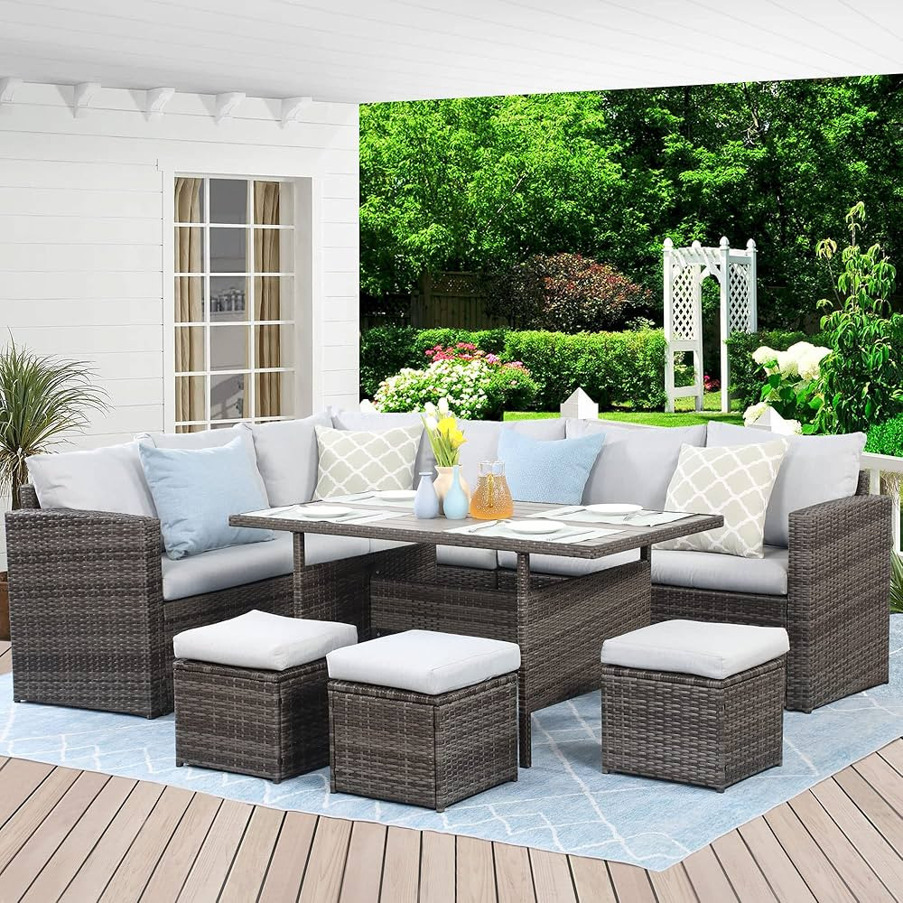 Wisteria Lane Outdoor Patio Furniture Set, 7 Piece Outdoor Dining Sectional Sofa with Dining Tabl... | Amazon (US)
