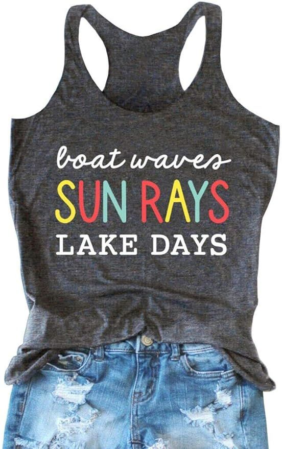 Boat Waves Sun Rays Lake Days Tank Tops Women's Lake Life Shirt Summer Sleeveless Vacation Racerb... | Amazon (US)