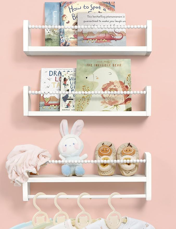 Nursery Bookshelves Set of 3, Natural Wood Nursery Floating Shelves Wall Mount Storage Shelf with... | Amazon (US)