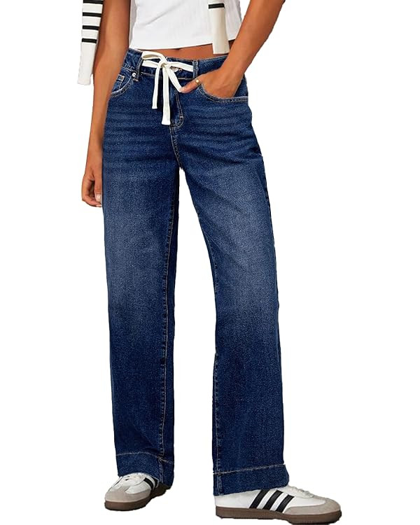 Sidefeel Women's Wide Leg Jeans High Waisted Stretchy Straight Leg Baggy Drawstring Zimbaplatinum... | Amazon (US)