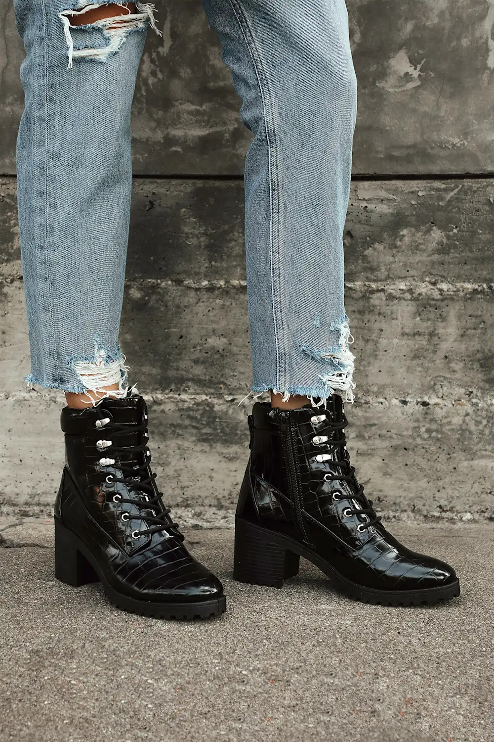 Manny Black Crocodile-Embossed Lace-Up Ankle Boots | Lulus (US)